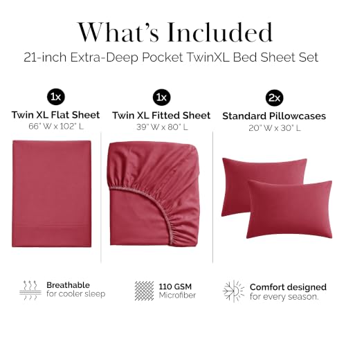 Southshore Fine Living, Inc. Twin XL Sheet Set 4 Piece, 21 Inch Deep Pocket Bed Sheets with 2 Pillowcases, Microfiber Wrinkle Free Easy Care Pet Hair Resistant Bedding - Marsala (Terracotta Sheets) - color: 05 - Marsala (Terra Cotta), size: Twin XL