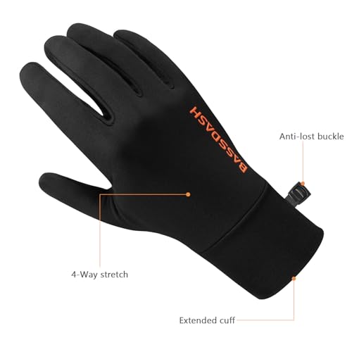 BASSDASH Unisex Fleece Liner Lightweight Camo Hunting Gloves HG07 | Stretch Fleeced Warm Anti-Slip Gloves with Touchscreen for Men Women Cool Weather Shooting Photography Fishing - color: Black, size: Large