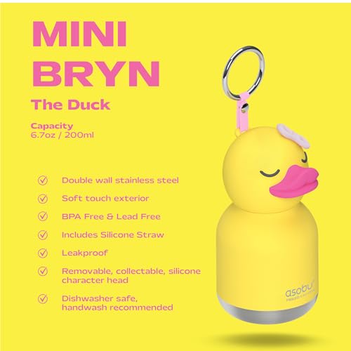 asobu Mini Bestie Water Bottle, Cute Collectible Character, Stainless Steel | 6.7 oz, Leak Proof Seal, Spill Resistant, BPA Free Materials, Dishwasher Safe, Reusable Straw Included, Great Gift Idea - color: MINI BRYN THE DUCK