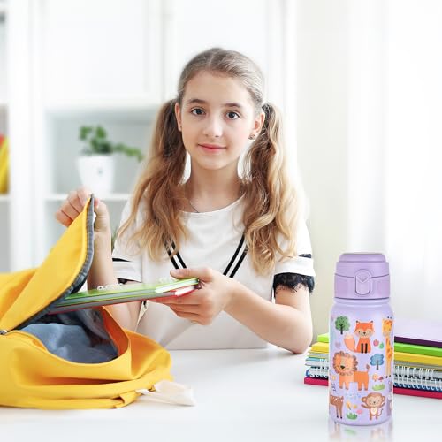 GOPPUS Kids Insulated Water Bottle 12oz, Leakproof Stainless Steel Thermos, BPA Free Double Wall Vacuum Insulated Bottle for School, Travel, Sports & Outdoor Activities, Boys Girls - color: Purple Zoo
