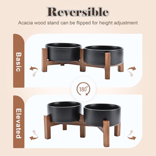SPUNKYJUNKY Ceramic Dog Bowls with Acacia Wood Stand - Raised Dog Food and Water Bowl Set for Small Dogs (13.52 OZ, Black) - color: Black, size: 13.52 Oz