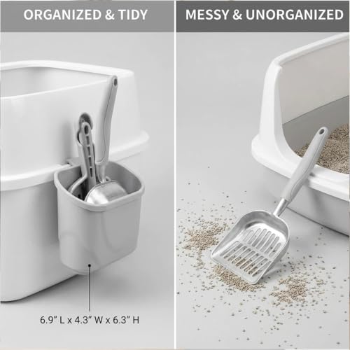 4-in-1 Cat Litter Scoop with Holder, Cat Litter Box Organizer Cleanup Kit - Portable Small Broom and Dustpan Set, Metal Kitty Litter Scooper and Storage Caddy (Gray) - color: #01 - Gray Handle