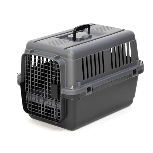 SportPet Airline Compliant Small 24" Travel Dog Kennel - Durable Plastic Airline Pet Carrier (No Wheels) & Food Bowls, Collapsible Indoor/Outdoor Dog Kennel, Dogs up to 21" L & 13" H - Dark Gray - color: Dark Gray