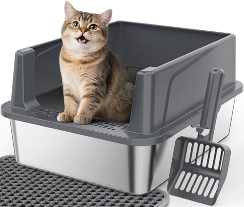 FURTIME Stainless Steel Cat Litter Box, Small Cats Metal Litter Box | High-Sided Open-Top Easy-Clean Litter Pan, Non-Stick, Anti-Leakage, Odor-Free, Comes with Scoop & Mat, 17"×13"×8.4" - color: Grey, size: Small