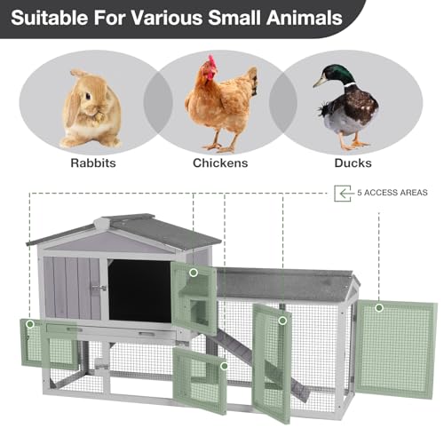 55'' Rabbit Hutch Indoor and Outdoor, Bunny Cage with Waterproof Roof and Deeper Leakproof Tray, Wooden Rabbit House with Anti-Chewing Ramp, Chicken Coops, Duck House (Grey) - color: Grey, size: 55.0"L x 21.3"W x 33.4"H