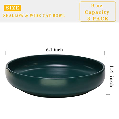 Ceramic Cat Bowls,Shallow Cat Dishes for Food and Water, 6 inch Matte Finish Wide Cat Food Bowl,Whisker Fatigue Free Pet Puppy Kitten Bowl Set of 3,Dishwasher Safe - color: Blackish green-3pack
