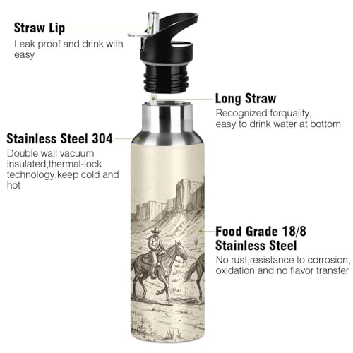 Western Cowboy Cactus Water Bottle Kids Stainless Steel Water Bottle with Straw Lid, Leak Proof Boys Girls Insulated Tumbler Cup for School 20 oz - color: Multi26