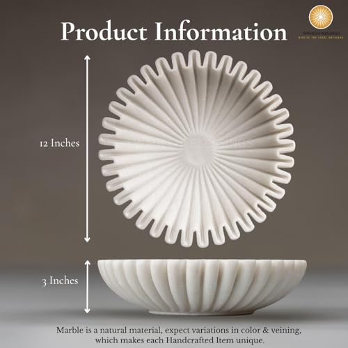 SWADESHI BLESSINGS Handcrafted Large Marble Ruffle Bowl for Home Decor, 12" | 100% Real White Marble, Catchall Scalloped Fluted Decorative Bowl for Fruits, Coffee&Dining Table, Entryway Decor, Gift-Ready - size: 12 Inches