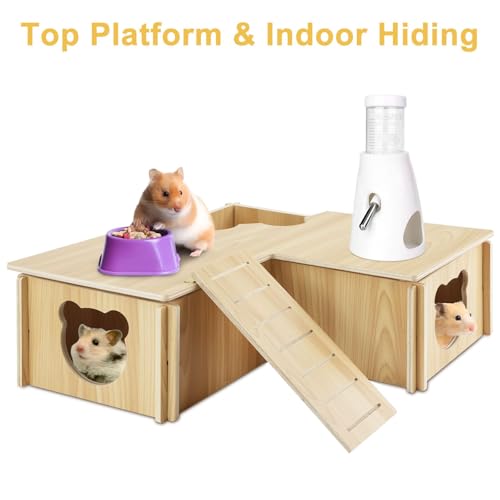 RETON Wooden Hamster House, Hamster Hideout Corner Hamster Accessories, Hamster Hides Platform with Stairs, Hamster Toys Cage Decor for Syrian Hamsters Dwarf Hamster Rat Gerbil