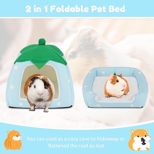 BWOGUE Guinea Pig Bed Hideout, Washable Hamster Cave for Small Animals | Removable Cushion for Cleaning, Warm Fleece Nest, Washable Bed, 10 x 9.8 x 9 in, Dwarf Rabbits Hedgehogs - color: Strawberry Blue