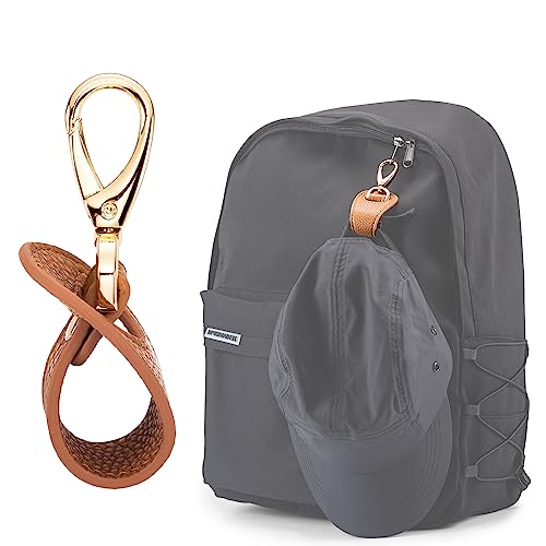 Hat Clip for Travel, Cap Holder Strap for Bags | Faux leather tab, zinc alloy clasp, fits baseball snapback and ponytail caps, mouse ear holder, hands free travel - color: Brown