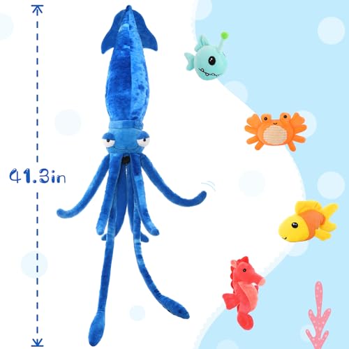 Giant Squid Stuffed Animal with 4 Sea Animal Plush, Blue, 41.3" | 5Pcs Squid Plush Toy: Crab, Seahorse, Clownfish & Anglerfish; Zipper Head Storage; Weighted Tentacles; Birthday Gift for Kids - style: Squid Blue