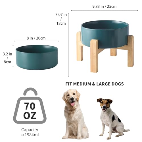 8'' Ceramic Raised Dog Bowl - 70Oz Dog Food & Water Bowl with Elevated Non-Slip Bamboo Stand, Dishwasher & Microwave Safe, Anti Vomiting Heavy Duty Pet Bowl for Medium and Large Dogs, Green - color: 1 x Bowl + Stand - Green, size: 8 inch