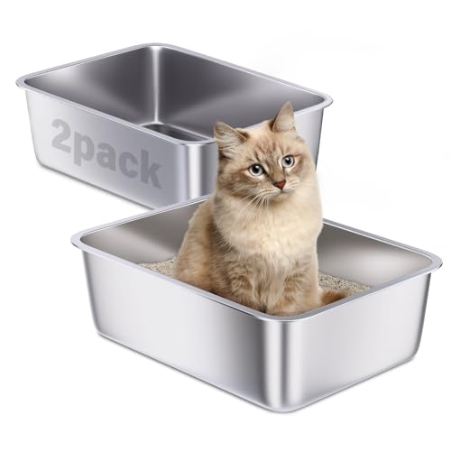 Stainless Steel Litter Box 2 Pack, Metal Cat Litter Box | 18"x14"x6", Easy to Clean, Never Absorb Odor, Non Stick Steel Litterbox for Small to Medium Cats - size: 2 Pack-Medium (17.7"×13.7"×6")