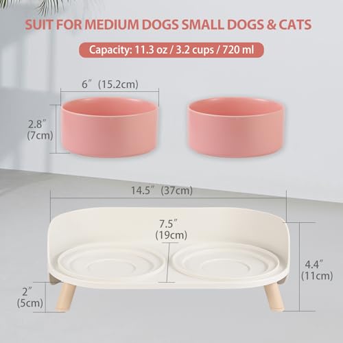 Elevated Ceramic Dog Bowl Set - Double Dog Feeding Bowls with Stand Splash Proof - Raised Dishes for Food and Water - Ideal for Small to Medium Dogs - 2 x 720 ml - 11.3 oz - Pink - color: Pink, size: Medium