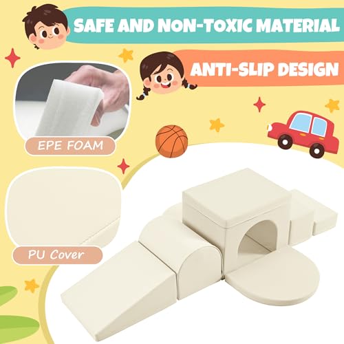 Merax Indoor Soft Foam Tunnel Climber, Toddler Climbing Toys with Tunnel | Soft Climb and Crawl Playset Baby Soft Foam Blocks with Steps and Ramp, 7-piece - color: Pastel Cream