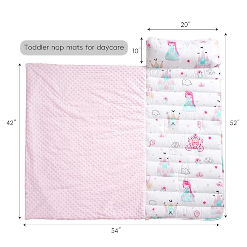 david's kids Toddler Nap Mat with Removable Pillow and Minky Fleece Blanket, 55"x23",Ultra Soft Slumber Bags for Girls, Perfect for Preschool, Daycare, Kids Sleeping Bags with Rollup Design, Princess - color: Princess
