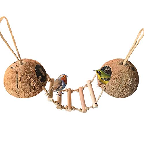 Bird Hides Coconut Nest with Wood Ladder,Syrian Hamster Cage Hanging Natural Coco Shell Hut Hide Toy with Wooden Bridge,Hollow Hideaway Toys for Small Animal Rat Lovebird Finches - size: 1PCS 22.04x13.38in