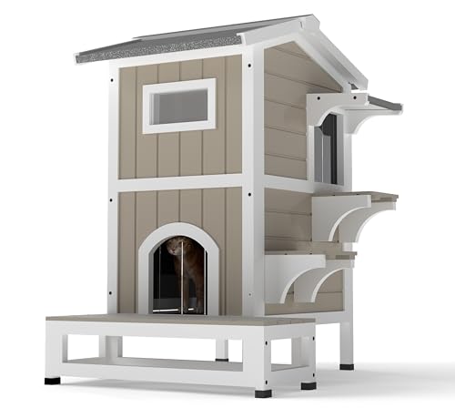 Outdoor Cat House Weatherproof Cats Shelter for Feral Kitten Pet Houses for 1-2 Small Animlas 2 Story Wooden Houses for Indoor Outdoor Cats with Escape Doors (29.7" D x 22.8" W x 35.4" H) - style: 29.7"D x 22.8"W x 35.4"H
