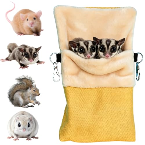 Hanging Sugar Glider Pouch Warm Hammock Pet Sleeping Bag (Yellow,Medium) | Back-slant design fits cages perfectly. Features a rear pocket for heating pads. Soft, cozy plush lining for rat squirrel - color: Yellow, size: Medium