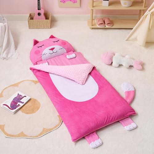 JOIEDOMI Kids Sleeping Bag 4 5 6 Year Old Girl Gifts Toddler Nap Mat with Pillow & Blanket 60" x 27" for Kids Ages 3+ Soft Plush Sleeping Mat for Preschool and Boys Girls - color: Pink Cat