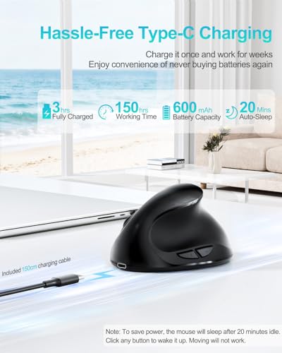 Lekvey Ergonomic Mouse, Rechargeable Wireless Mouse for Small Hands, Black | Design for Small & Medium Hands, 150H per Charge, 3 DPI (800-1600), 2.4G USB Wireless, Plug & Play, Wide Compatible