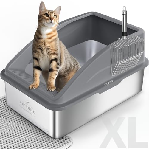 AIPERRO Stainless Steel Litter Box | XL Enclosed Cat Litter Boxs with Lid for Big Cats | High Sided, Anti-Urine Leakage | Non-Stick Bottom & Includes Litter Mat & Metal Scoop (Dark Gray) - color: Dark Grey, size: X-Large