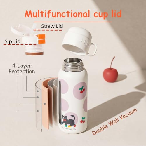 20oz Stainless Steel Insulated Water Bottle with Cat Pattern | Double Wall Vacuum Tumbler, Leakproof, Dual Use Straight Drink & Straw Lid, Travel Office Outdoor - color: Cherry Black Cat