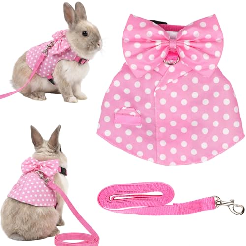 Bunny Harness and Leash Set, Soft Mesh Rabbit Harness with Bow, Adjustable Escape Proof Vest for Small Pets Rabbits Kittens Guinea Pigs (Pink Polka Dots, S) - size: S