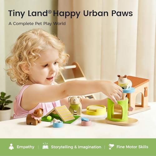 Tiny Land Wooden Dollhouse Animal Set for Toddlers, Dollhouse Accessories | Dolls House Furniture Sets for Toddlers, Montessori Pretend Play Family Pets Set Toys, Gift for Kids Age 3+