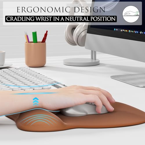MROCO Ergonomic Mouse Pad with Gel Wrist Rest, 9.4 x 8.1 in, Coffee Brown | Ergonomic Shape Design, Multiple Pattern Options, Gel Wrist Comfort, Smooth Lycra Surface, Non-Slip PU Base - color: Coffee Brown