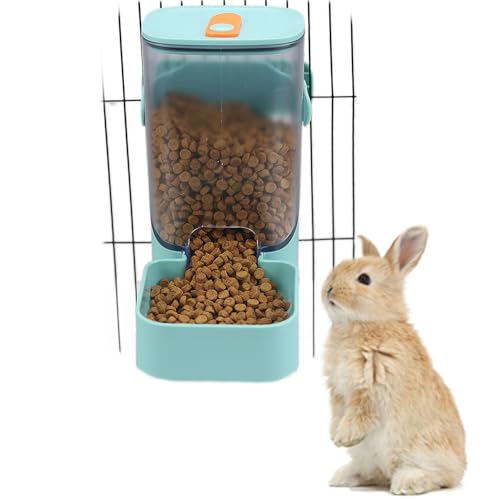 PODOO 34oz Rabbit Food Dispenser, Bunny Feeder Bowl, Large Hanging Automatic Pet Food Dispenser, Hanging Outside or Inside The Cage for Ferret Guinea Pig Rat Cat Puppy (Food) | 34oz hanging gravity feeder with clear detachable container; mounts inside or