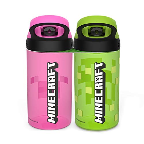 Zak Designs Minecraft Kids Water Bottle with Straw and Built in Carrying Loop Set, Made of Plastic, Leak-Proof Water Bottle Designs (Creeper/Pig, 16 oz, 2pc Set) - color: Creeper & Pig