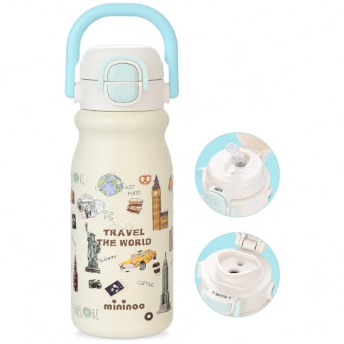 Mininoo 18oz Insulated Stainless Steel Kids Water Bottle for School | 2-in-1 Straw & Spout Lid, Leak-Proof, BPA-Free, for Girls & Boys, White - color: 18oz White-Travel the World