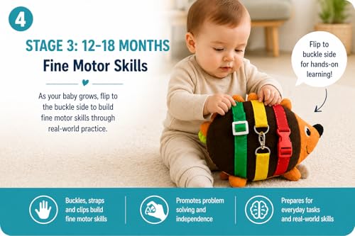 Sensory Hedgehog Buckle Toy for Toddlers 1-3 | Soft Plush Baby Buckle Toy with 8 Textures, Mirror, Crinkle & Sensory Activities | Montessori Toddler 2Buckle Toy for Fine Motor Skills