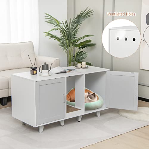 PETSITE Litter Box Enclosure for 2 Litter Boxes, Hidden Cat Washroom TV Stand End Table with 2 Cabinet, Scratching Board, Indoor Cat Litter Furniture, Patented - color: Grey