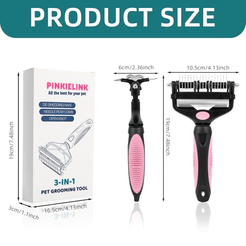 3-IN-1 Pet Grooming Tool - Undercoat Rake, Dematting Comb & Deshedding Brush for Cats, Dogs, Horses - Removes Mats, Tangles & Loose Fur, Reduces Shedding & Prevents Hair Mess (Pink) - color: Pink