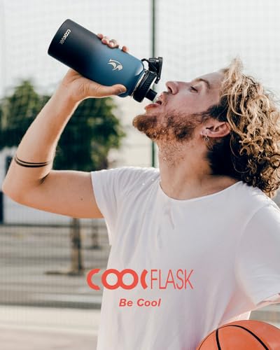 Coolflask 32 oz Water Bottle Insulated with Straw & 3 Leakproof Lids | Water Flask Stainless Steel Triple-Wall Vacuum,Cold 48+h, Dishwasher Safe,Wide Mouth,BPA-Free,Carrier Bag,for Gym,Hiking - color: Samurai Cyan, size: 32 Ounces