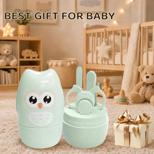 Baby Nail Kit with Owl Case, 4-Piece Infant Manicure Set, Green | Infant Nail Clippers, Rounded Safety Scissors, Gentle File, Tweezers, Newborn and Toddler Friendly - color: Green