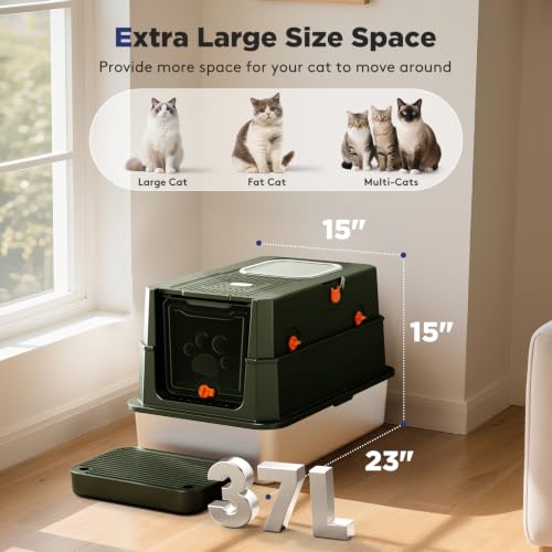 FURTIME Stainless Steel Litter Box with Lid, Enclosed Metal Cat Litter Box | XL Extra Large, Cat Box with High Sided Enclosure & Scoop, Big Cats, Front & Top Entry, Odor Free, Anti-Leakage, Green - color: Green, size: X-large