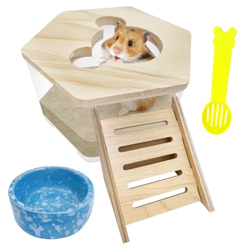 Hamiledyi Hamster Sand Bath Box Transparent Gerbil Digging Sand Container Acrylic Small Dwarf & Syrian Hamster Shower Bathtub with Climbing Ladder Bowl and Scoop Cage Accessories for Lemmings - style: Mice