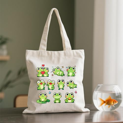 ANATTASOUL Canvas Tote Bag Reusable Cotton Bag for Women, Large 14.96"x 15.74" Cloth Shoulder Bags with Zipper Pockets - style: Frog
