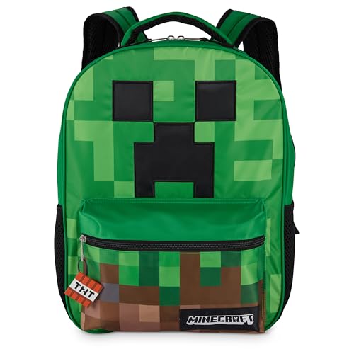 AI ACCESSORY INNOVATIONS Minecraft Backpack for Boys & Girls, Big Face Creeper School Bag with Front Pocket, TNT Rubber Molded Dangle, Green - style: Minecraft
