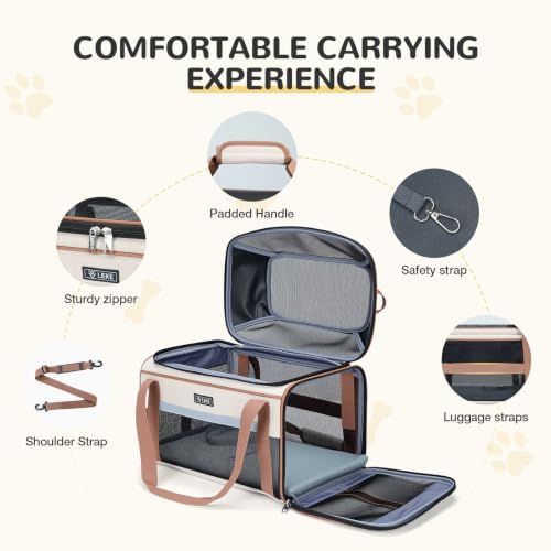 Lekereise Top-Expandable Pet Carrier 18x11x11Inch Delta American United Airline Approved Soft Sided Underseat to 15lbs Travel Carriers for Small Dogs Cats with Locking Safety Zippers Anti-Scratch Mesh - color: Khaki