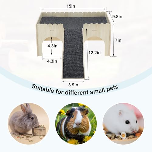 Guinea Pig Hideout, Wooden Small Animal Castle Habitat with Stairs, Hamster Bunny Chinchilla Hideaway Hut for Playing Hiding, Beige, Black, 1 Set