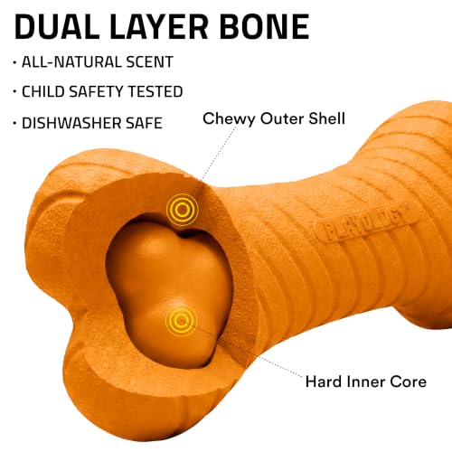Playology Dual Layer Bone Dog Chew Toy - Medium, Cheddar Cheese Scent | Rubber Construction, All Natural Scent, Heavy Duty Design - size: Medium, style: Cheddar Cheese