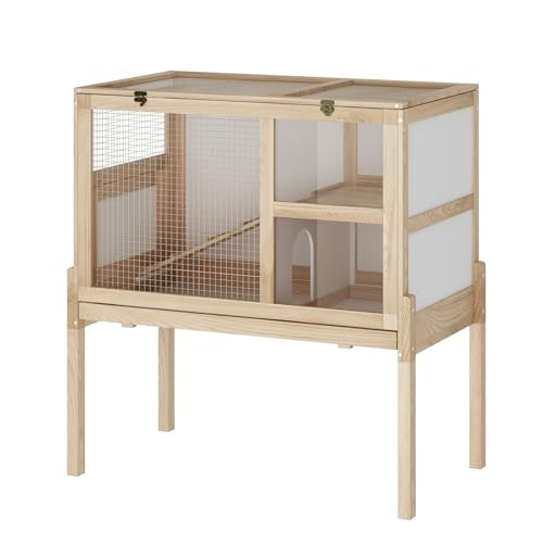 Timechee Guinea Pig House for 2 with Stand, Small Animals Rabbit Cages with a Pull Out Tray, Wooden 2 Stories Indoor Large Hamster Habitat Playpen with Ramp, Hideout, Platform