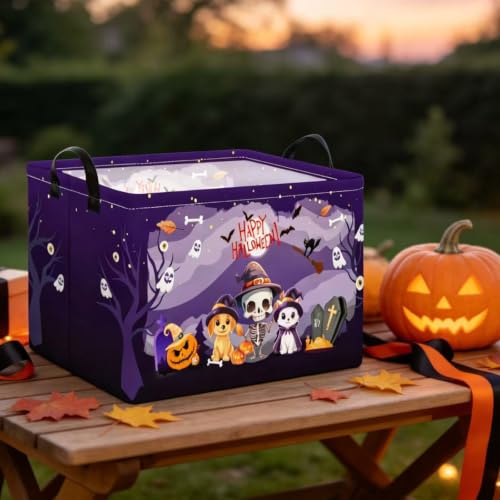 Purple Spooky Night Halloween Basket with Kitten Puppy Ghost Prints,Trick or Treat Storage basket for Gifts and Party Stuffers(Kitten Puppy Skeleton) - color: Kitten Puppy Skeleton