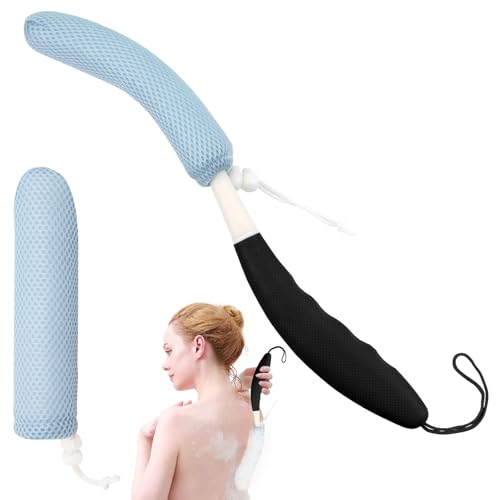 Back Scrubber for Shower,15.35"Curved Body Brush with Anti Slip Long Handle | Long Back Scrubber for Men & Women, Skin Exfoliating Curved Back Scrub Brush, Removable Long Handle Mesh Sponge Back Washer - size: Black+Blue Handle