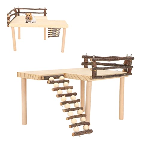 Estink Small Animal Wooden Climbing Platform Set with Ladder and Fence | Natural Log Hideout, 11.8 Inch Wide Platform, Climbable Ramp for Dwarf Hamster Gerbil Mouse, Rustic Cage Decor Playgroun